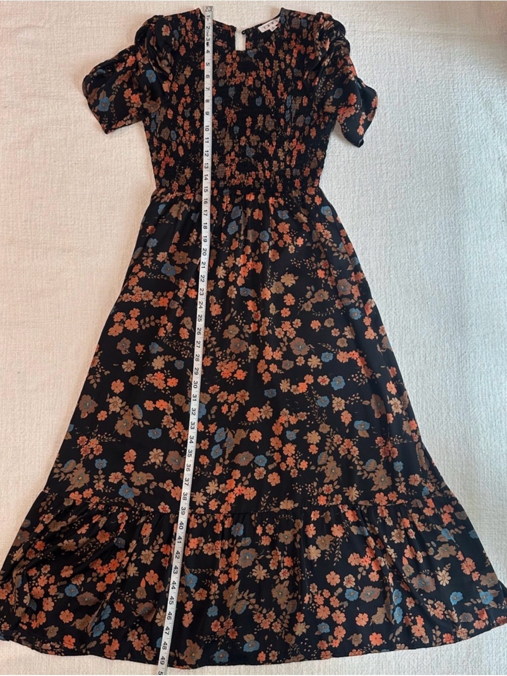 THML Smocked Floral Midi Dress Puff Sleeve Tiered Black Boho Size S